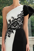 Load image into Gallery viewer, Black and White One Shoulder Patchwork Long Formal Dress with Appliques