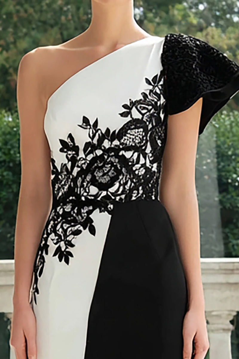 Load image into Gallery viewer, Black and White One Shoulder Patchwork Long Formal Dress with Appliques