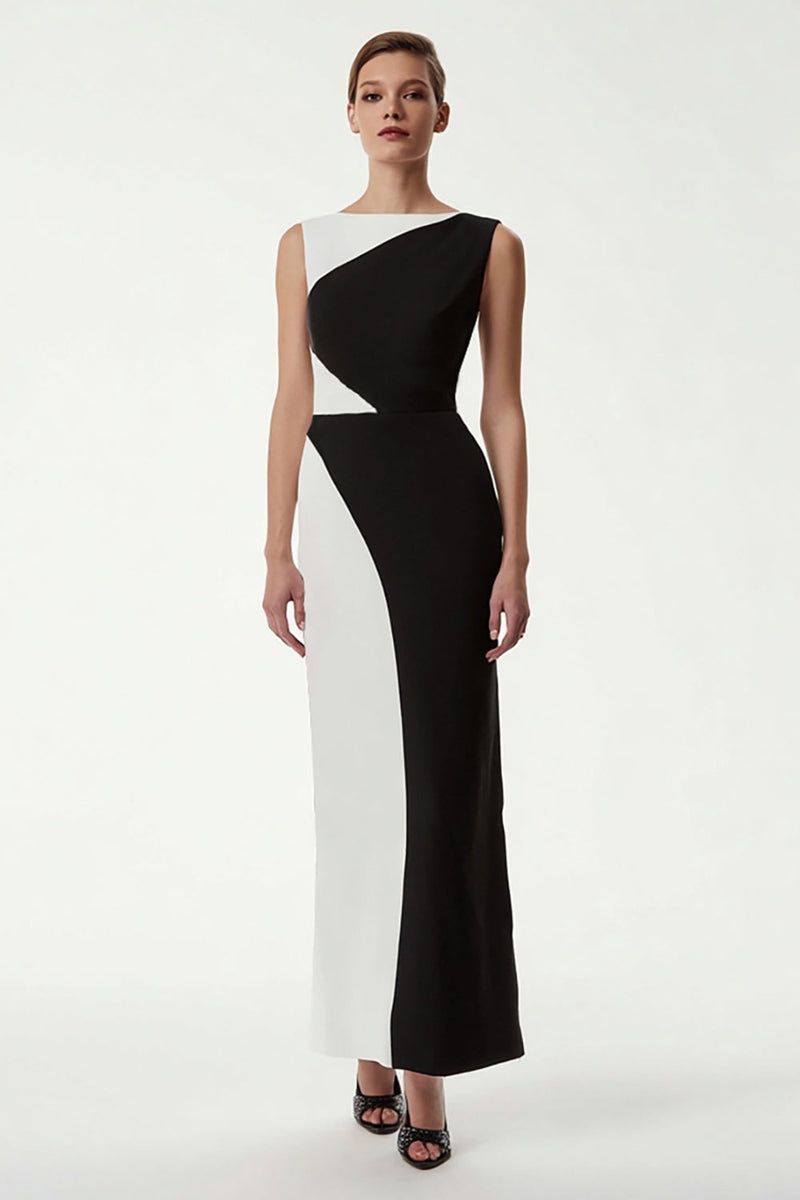 Load image into Gallery viewer, Black and White Bateau Neck Patchwork Sheath Long Formal Dress