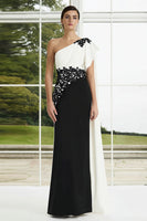 Load image into Gallery viewer, Black and White Appliqued One Shoulder Long Formal Dress with Side Cape