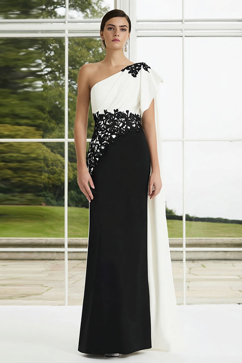 Load image into Gallery viewer, Black and White Appliqued One Shoulder Long Formal Dress with Side Cape
