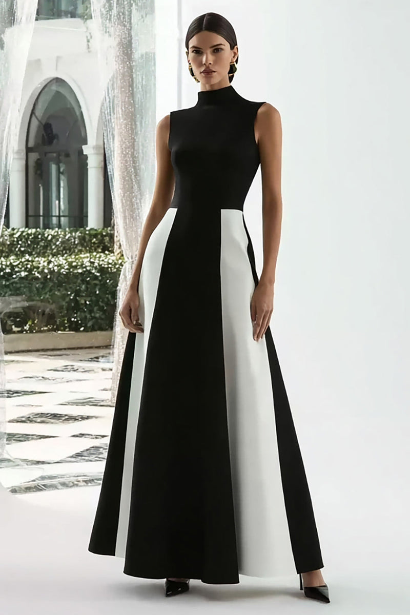 Load image into Gallery viewer, Black and White A Line High Neck Patchwork Long Formal Dress