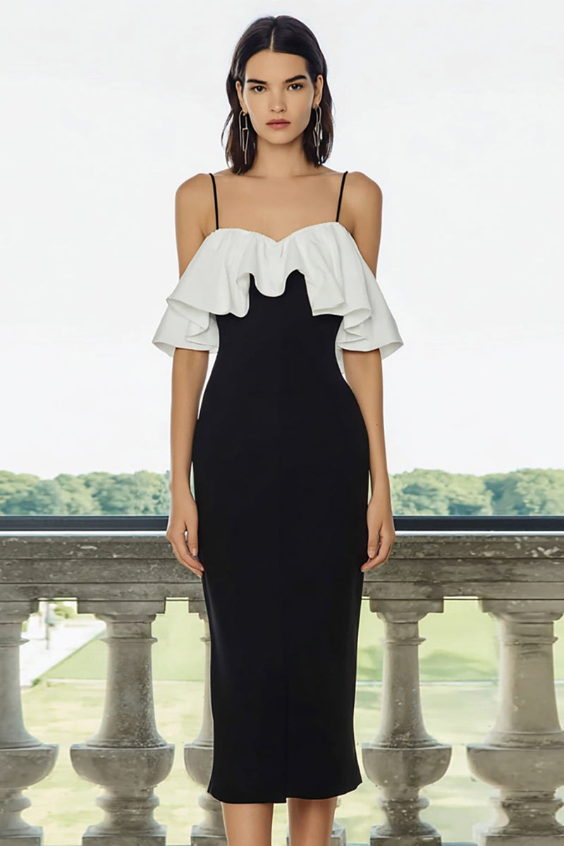 Load image into Gallery viewer, Black and White Cold Shoulder Midi Pencil Formal Dress with Ruffles