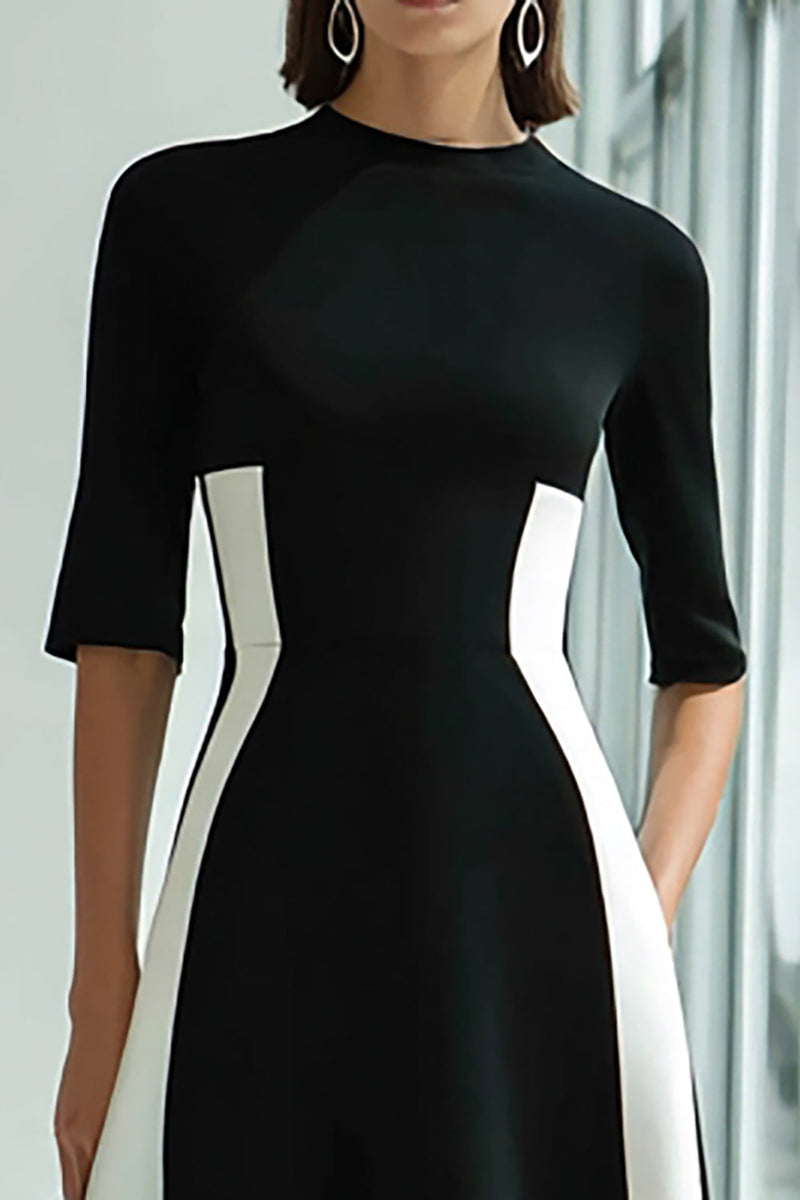 Load image into Gallery viewer, Black and White Patchwork A Line Long Formal Dress with Sleeves