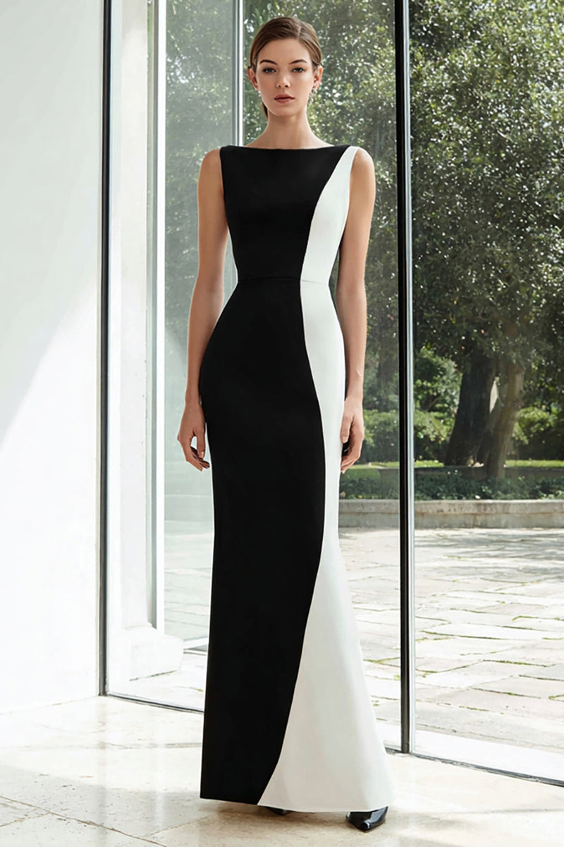 Load image into Gallery viewer, Black and White Patchwork Bateau Neck Maxi Formal Dress