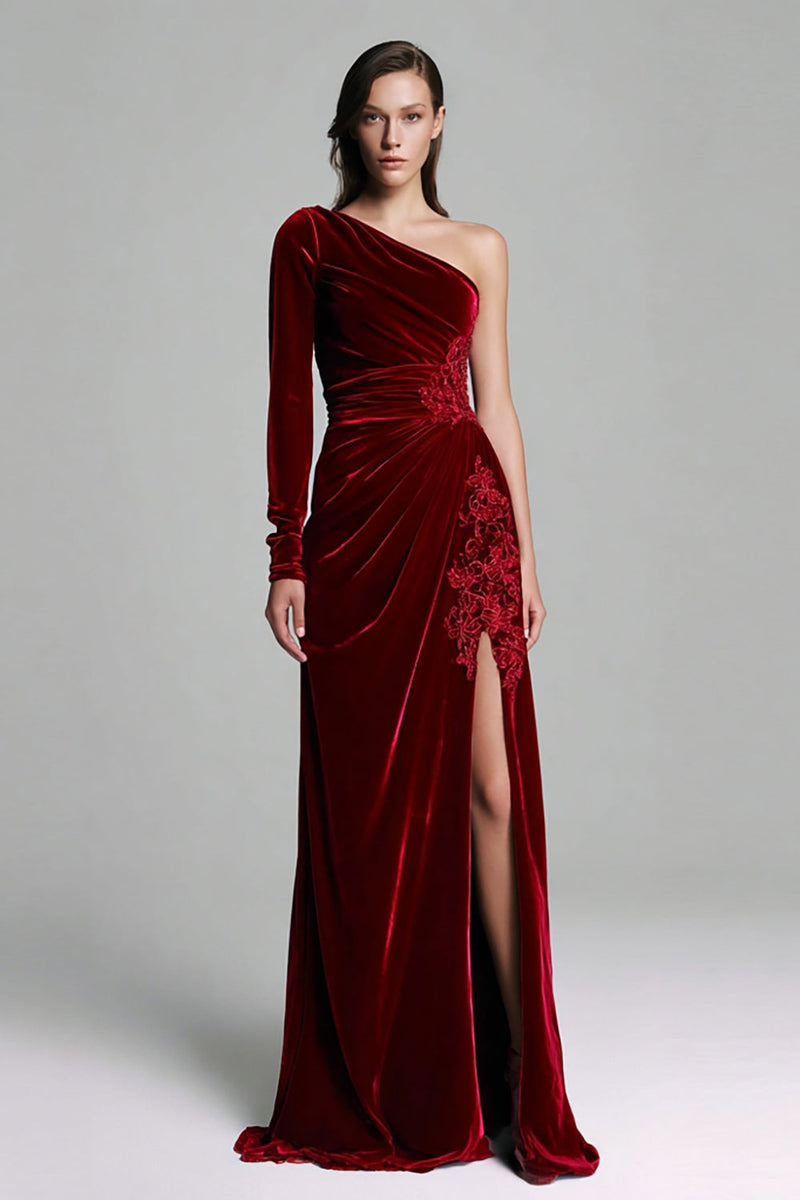 Load image into Gallery viewer, Burgundy Sheath One Shoulder Ruched Long Sleeves Velvet Holiday Party Dress with Slit