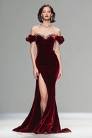 Load image into Gallery viewer, Sparkly Burgundy Mermaid Velvet Long Holiday Party Dress with Beading
