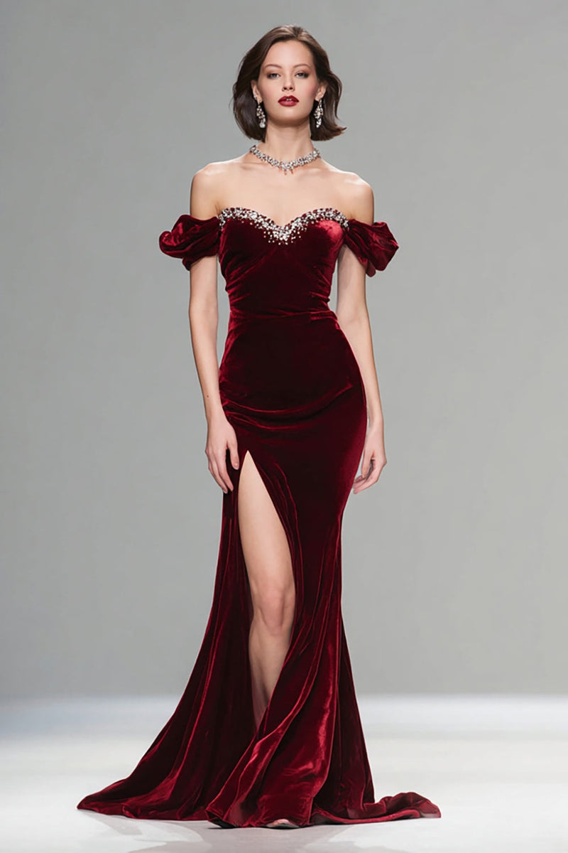 Load image into Gallery viewer, Sparkly Burgundy Mermaid Velvet Long Holiday Party Dress with Beading