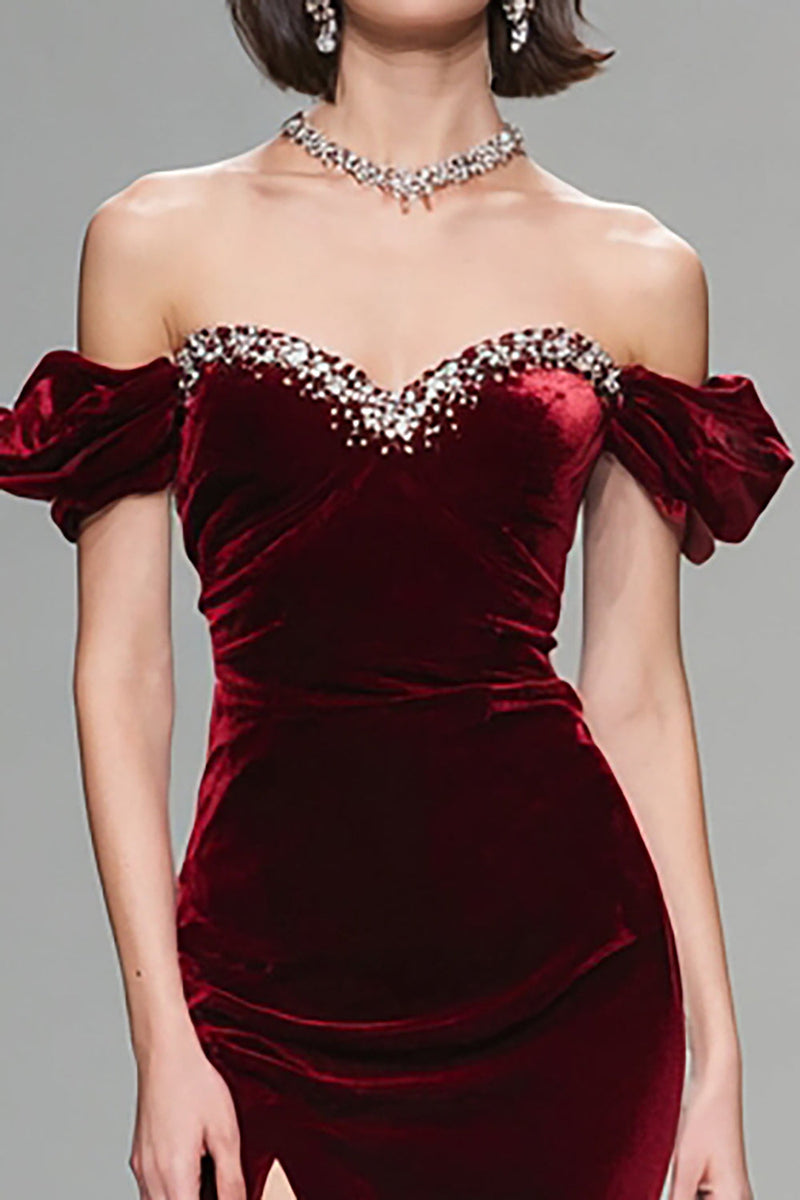 Load image into Gallery viewer, Sparkly Burgundy Mermaid Velvet Long Holiday Party Dress with Beading