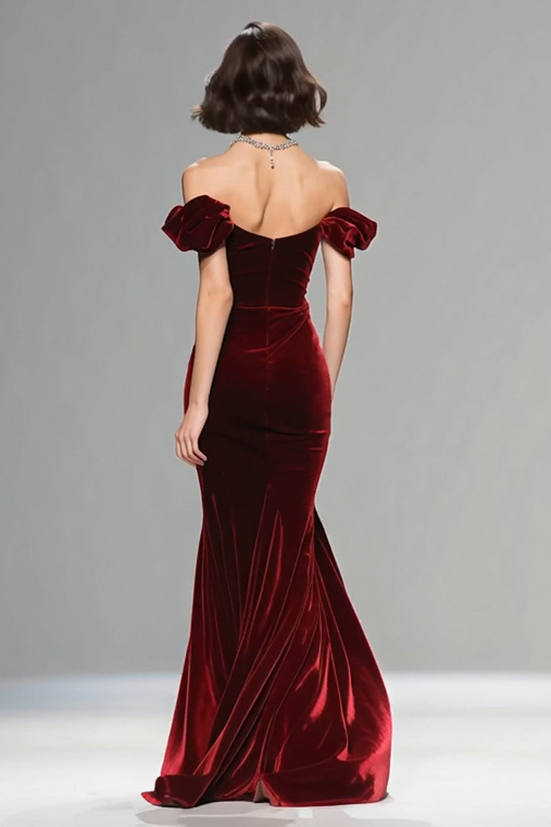 Load image into Gallery viewer, Sparkly Burgundy Mermaid Velvet Long Holiday Party Dress with Beading