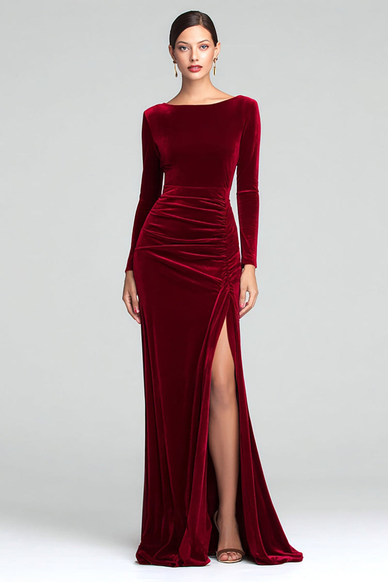 Load image into Gallery viewer, Burgundy Boat Neck Ruched Velvet Long Sleeves Holiday Party Dress