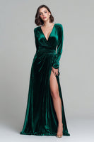 Load image into Gallery viewer, Dark Green A Line V-Neck Velvet Long Sleeves Holiday Party Dress with Slit