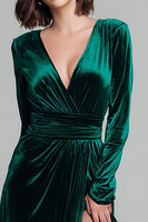 Load image into Gallery viewer, Dark Green A Line V-Neck Velvet Long Sleeves Holiday Party Dress with Slit