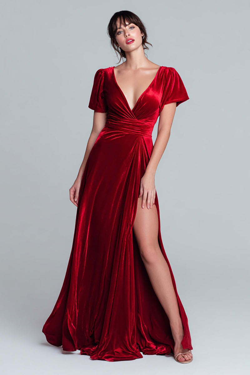 Load image into Gallery viewer, Red A Line V-Neck Short Sleeves Velvet Long Holiday Party Dress with Slit