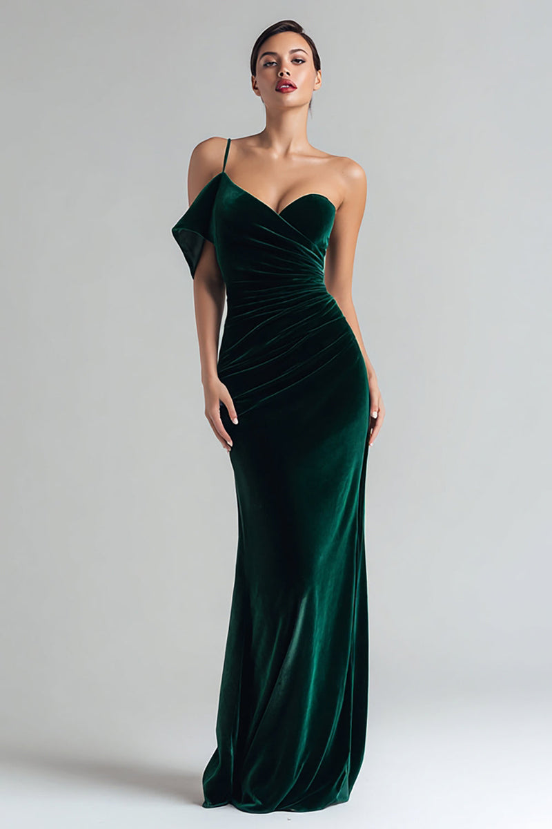 Load image into Gallery viewer, Dark Green Mermaid Velvet Ruched Long Holiday Party Dress