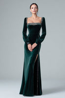 Load image into Gallery viewer, Women Sparkly Dark Green Long Sleeves Holiday Party Dress with Slit Mermaid Velvet Square Neck Formal Dress with Beading