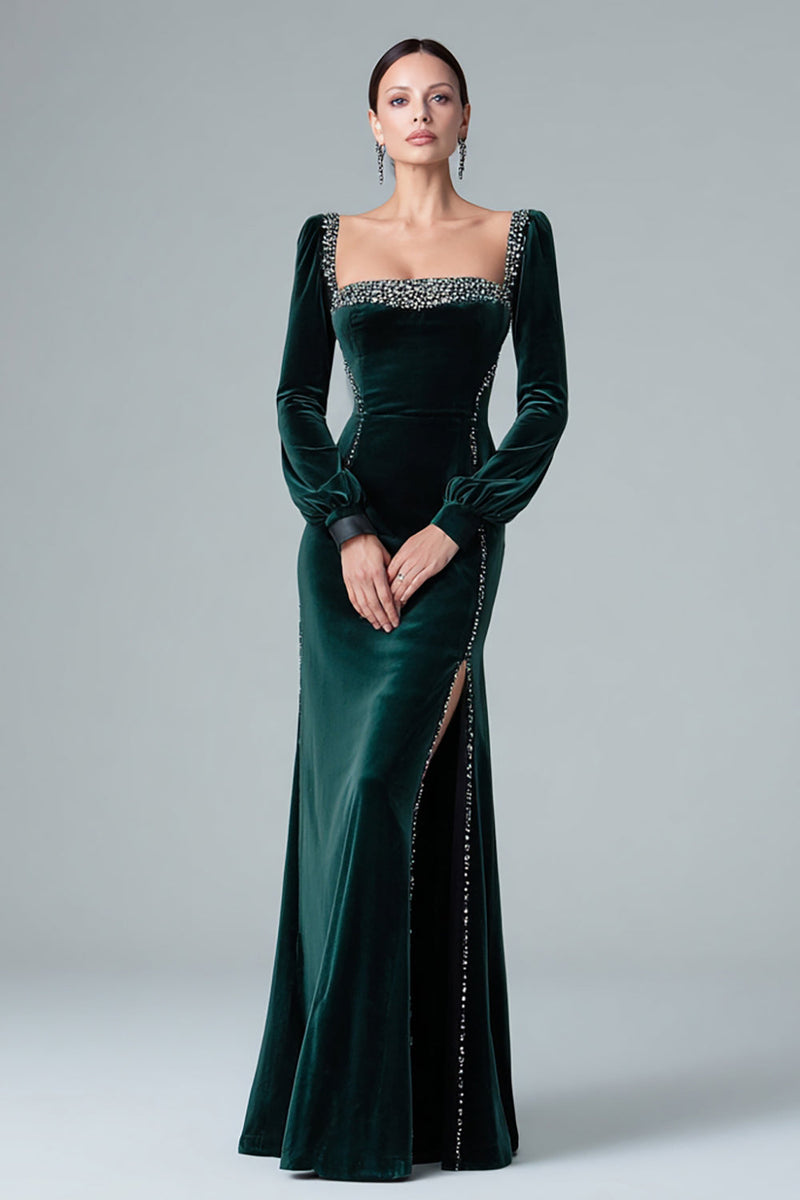 Load image into Gallery viewer, Women Sparkly Dark Green Long Sleeves Holiday Party Dress with Slit Mermaid Velvet Square Neck Formal Dress with Beading