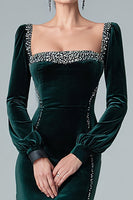 Load image into Gallery viewer, Sparkly Dark Green Velvet Long Sleeves Mermaid Holiday Party Dress with Slit
