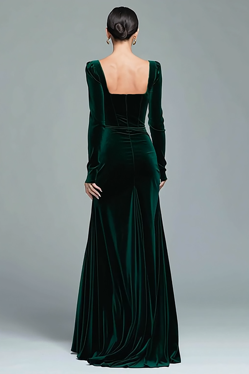 Load image into Gallery viewer, Dark Green Square Neck Velvet Long Holiday Party Dress with Slit