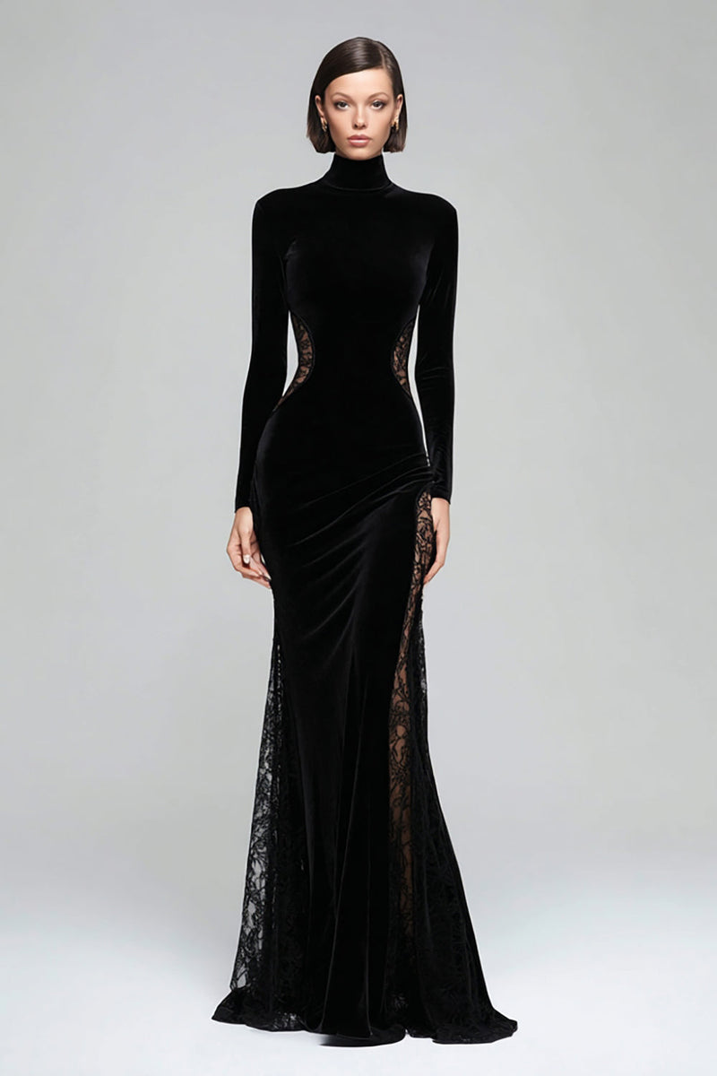 Queendancer Women Black Maxi Formal Dress Mermaid Velvet High Neck