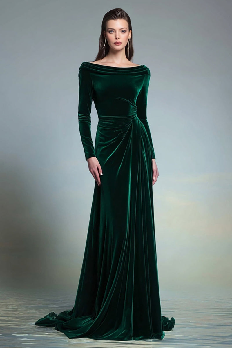 Load image into Gallery viewer, Dark Green Bateau Neck Velvet Long Formal Dress with Sleeves
