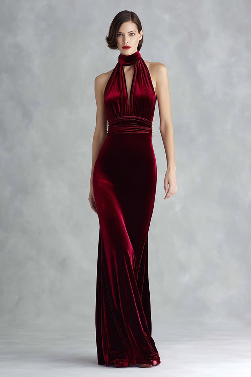 Load image into Gallery viewer, Burgundy High Neck Keyhole Velvet Long Formal Dress