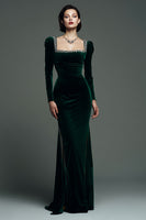 Load image into Gallery viewer, Sparkly Dark Green Velvet Square Neck Mermaid Maxi Formal Dress
