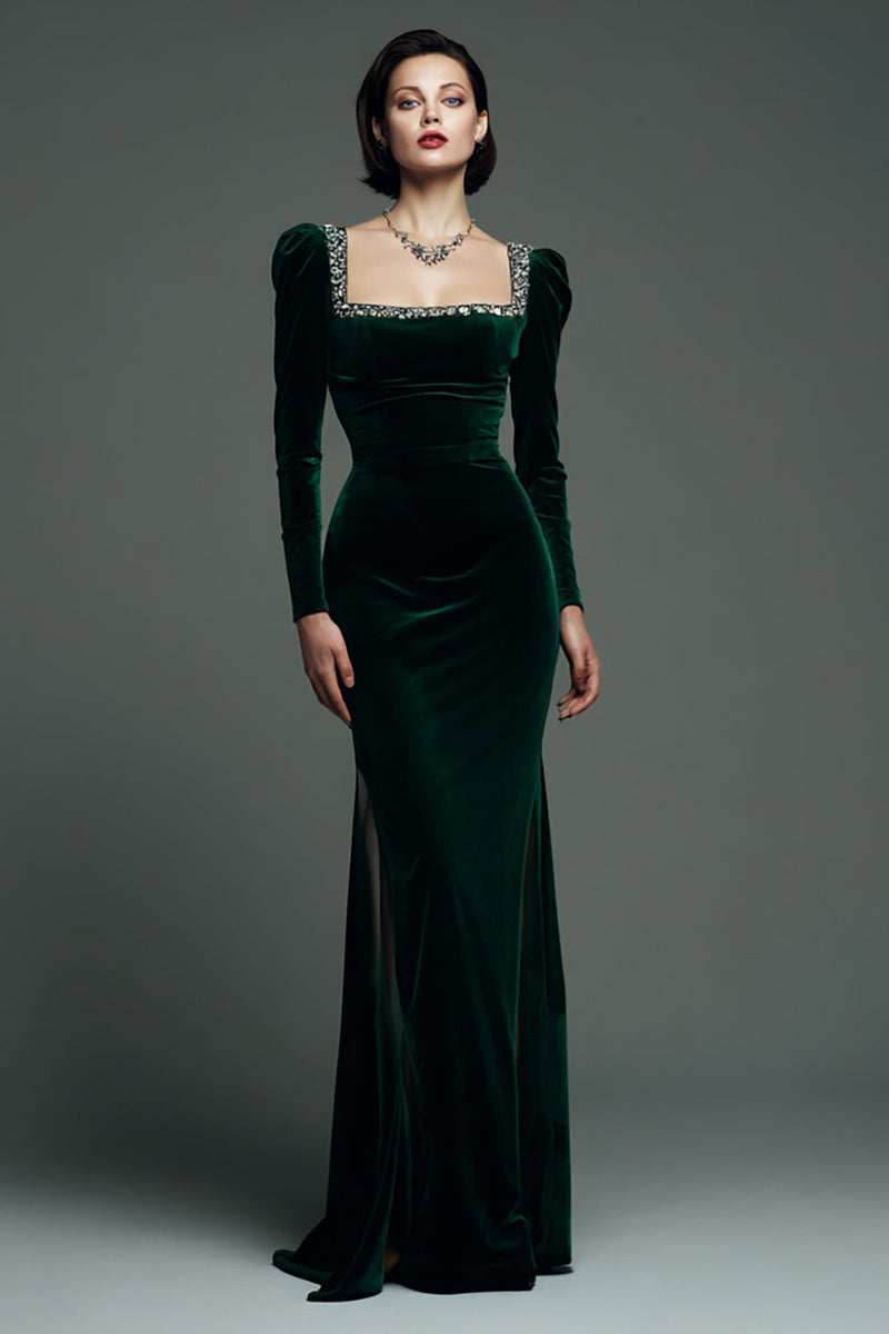 Load image into Gallery viewer, Sparkly Dark Green Velvet Square Neck Mermaid Maxi Formal Dress