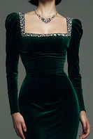 Load image into Gallery viewer, Sparkly Dark Green Velvet Square Neck Mermaid Maxi Formal Dress