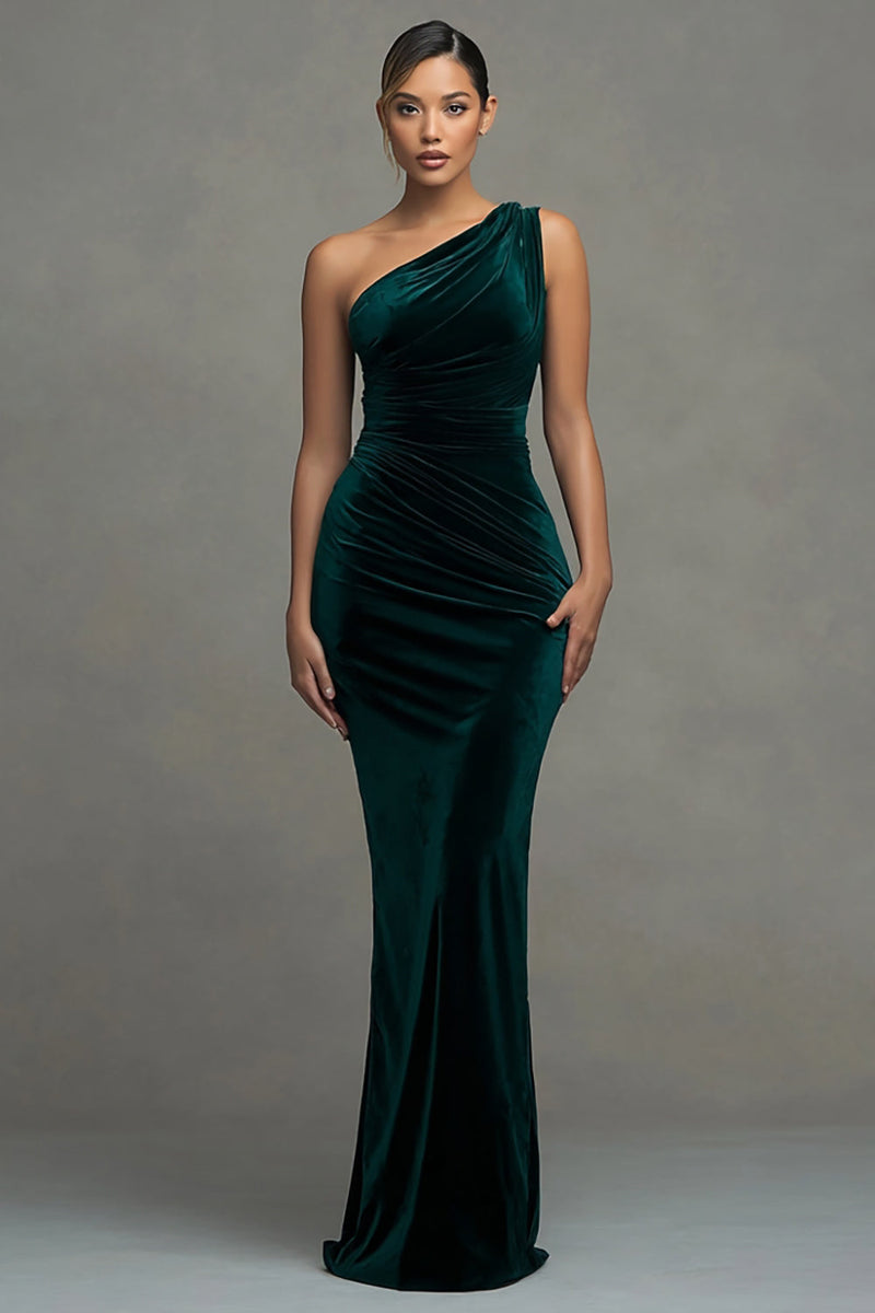 Load image into Gallery viewer, Dark Green Mermaid One Shoulder Velvet Maxi Formal Dress