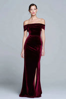 Load image into Gallery viewer, Burgundy Velvet Long Off the Shoulder Formal Dress with Slit