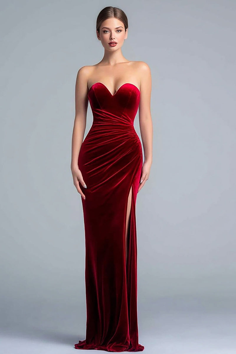 Load image into Gallery viewer, Women Burgundy Sweetheart Long Formal Dress Velvet Mermaid Ruched Holiday Party Dress with Slit