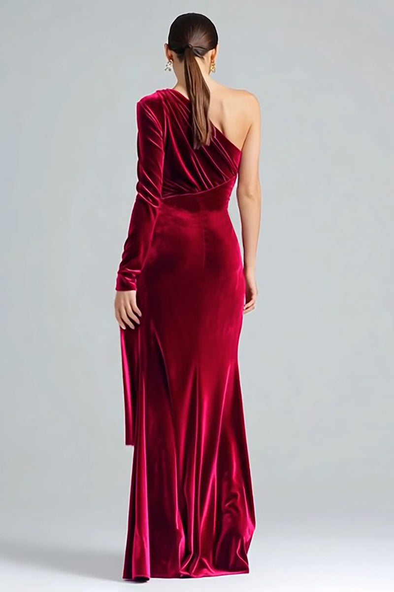 Load image into Gallery viewer, Burgundy Velvet Sheath Maxi One Shoulder Formal Dress