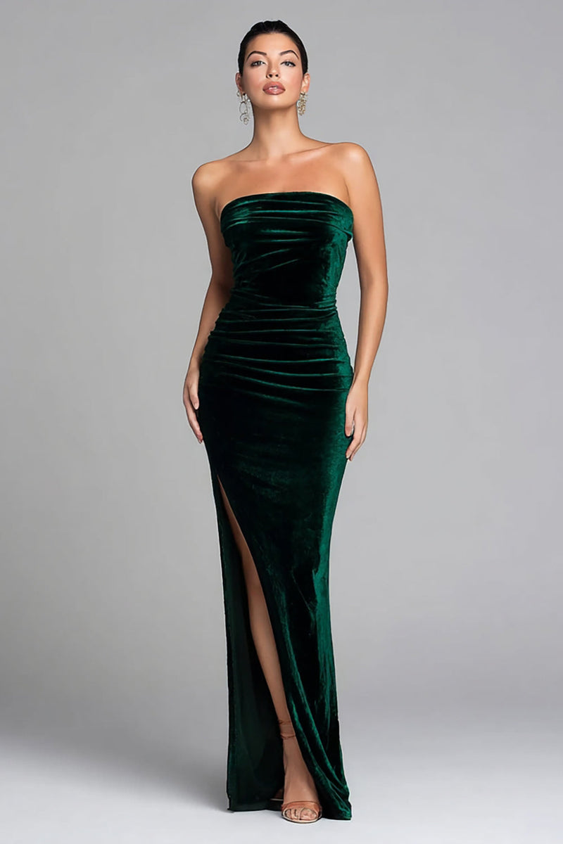 Load image into Gallery viewer, Dark Green Mermaid Velvet Strapless Long Holiday Party Dress with Slit