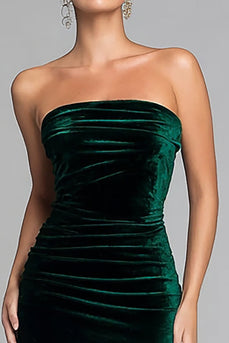 Dark Green Mermaid Velvet Strapless Long Holiday Party Dress with Slit