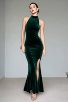 Load image into Gallery viewer, Dark Green Mermaid Halter Velvet Long Formal Dress with Slit