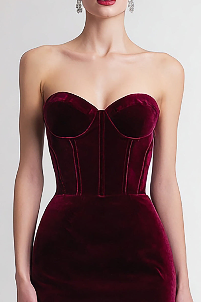 Load image into Gallery viewer, Burgundy Sweetheart Sheath Midi Velvet Corset Holiday Party Dress