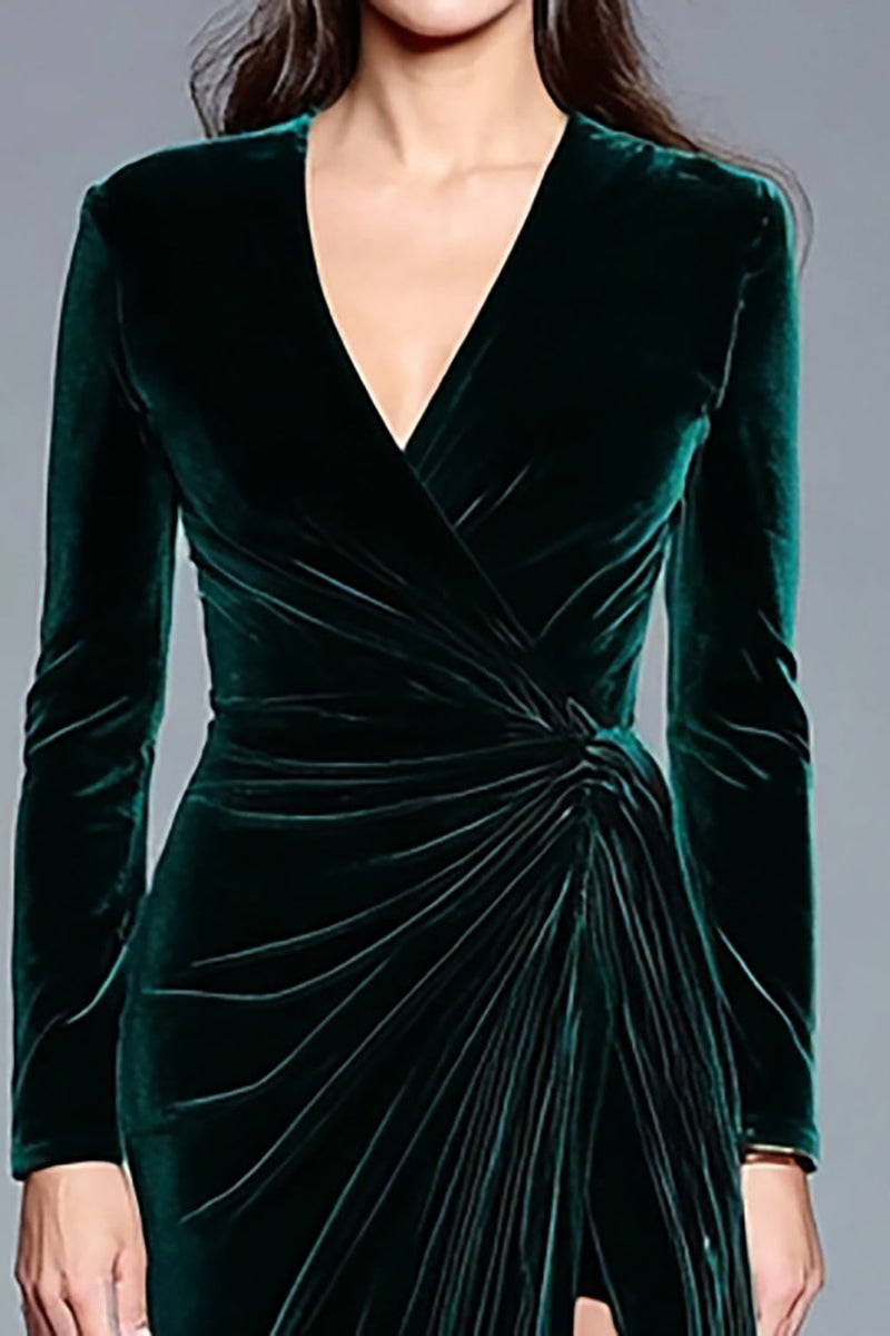 Load image into Gallery viewer, Dark Green V-Neck Velvet Long Sleeves Holiday Party Dress with Slit