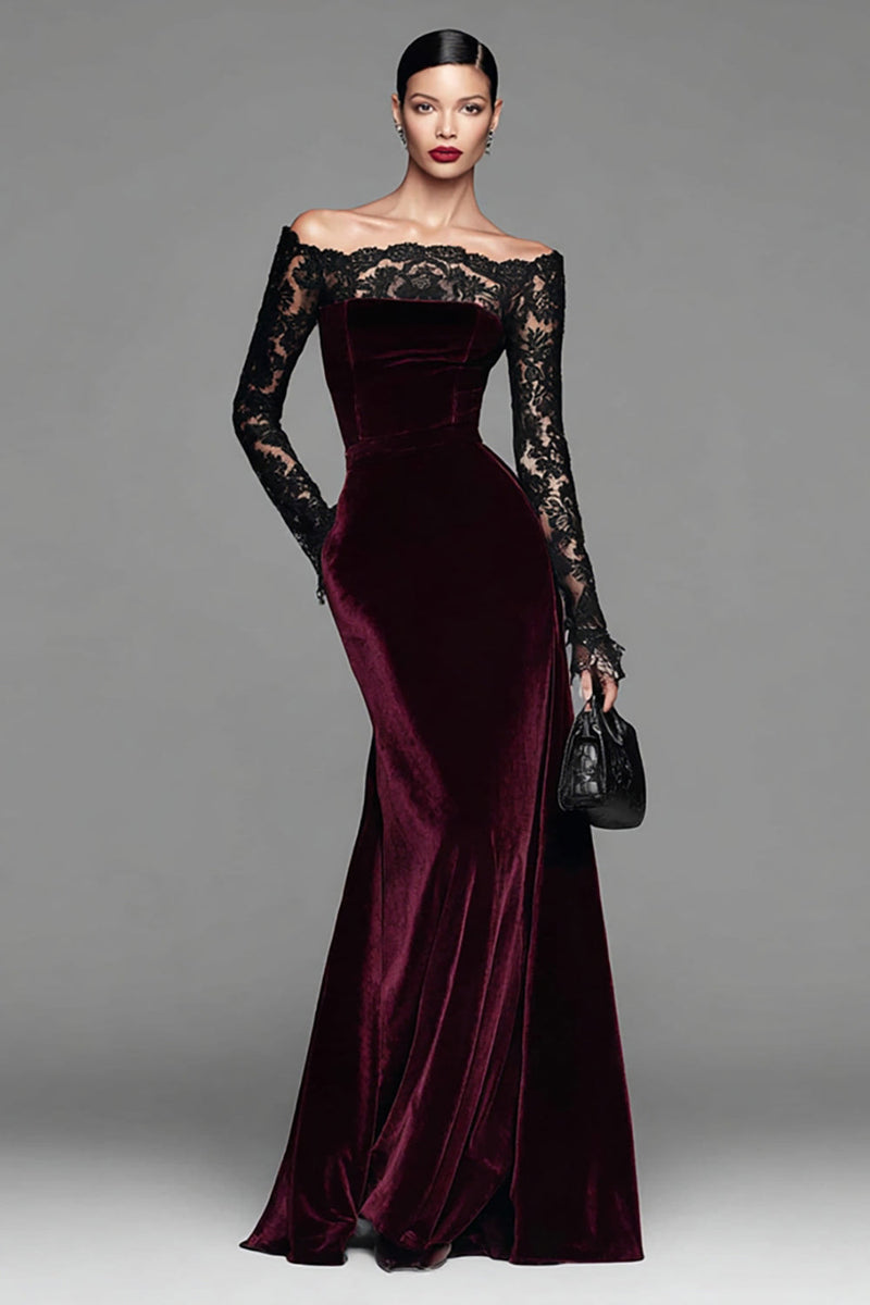 Load image into Gallery viewer, Burgundy Velvet Long Sleeves Mermaid Holiday Party Dress with Lace