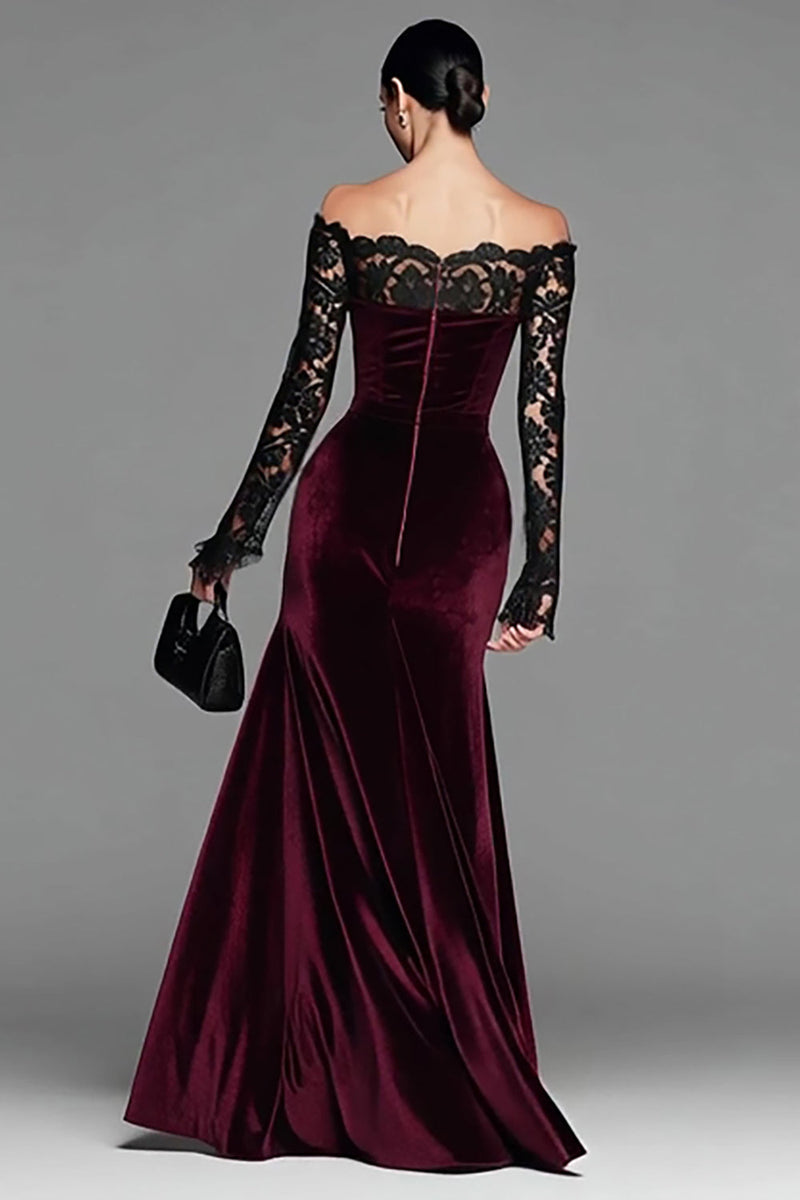 Load image into Gallery viewer, Burgundy Velvet Long Sleeves Mermaid Holiday Party Dress with Lace