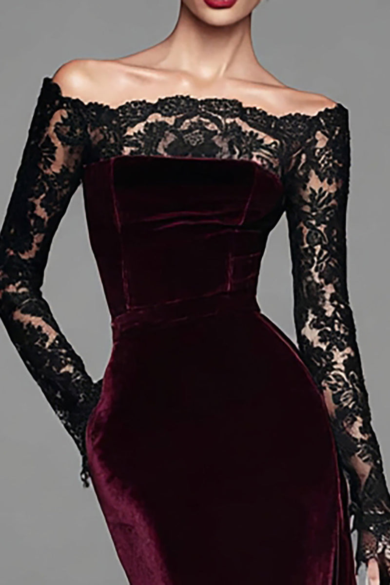 Load image into Gallery viewer, Burgundy Velvet Long Sleeves Mermaid Holiday Party Dress with Lace