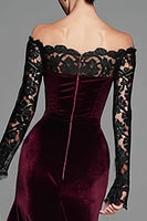 Load image into Gallery viewer, Burgundy Velvet Long Sleeves Mermaid Holiday Party Dress with Lace