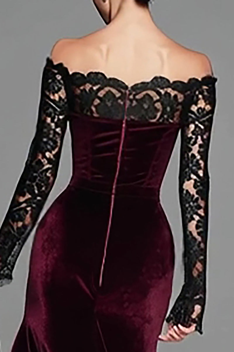 Load image into Gallery viewer, Burgundy Velvet Long Sleeves Mermaid Holiday Party Dress with Lace