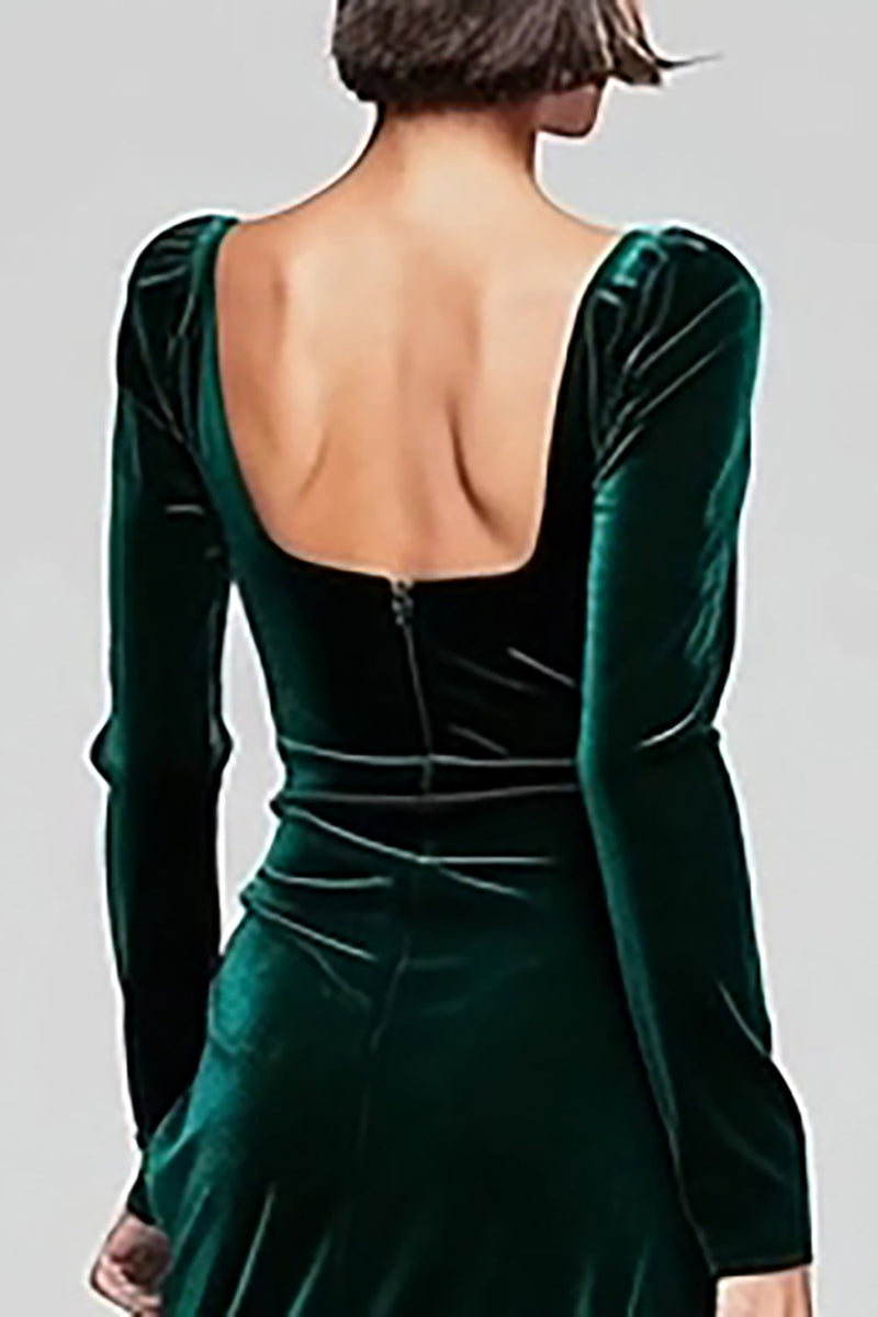 Load image into Gallery viewer, Dark Green Velvet Square Neck Sheath Long Sleeves Holiday Party Dress with Slit