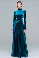 Load image into Gallery viewer, Peacock Blue Cut Out High Neck Velvet Long Sleeves Holiday Party Dress