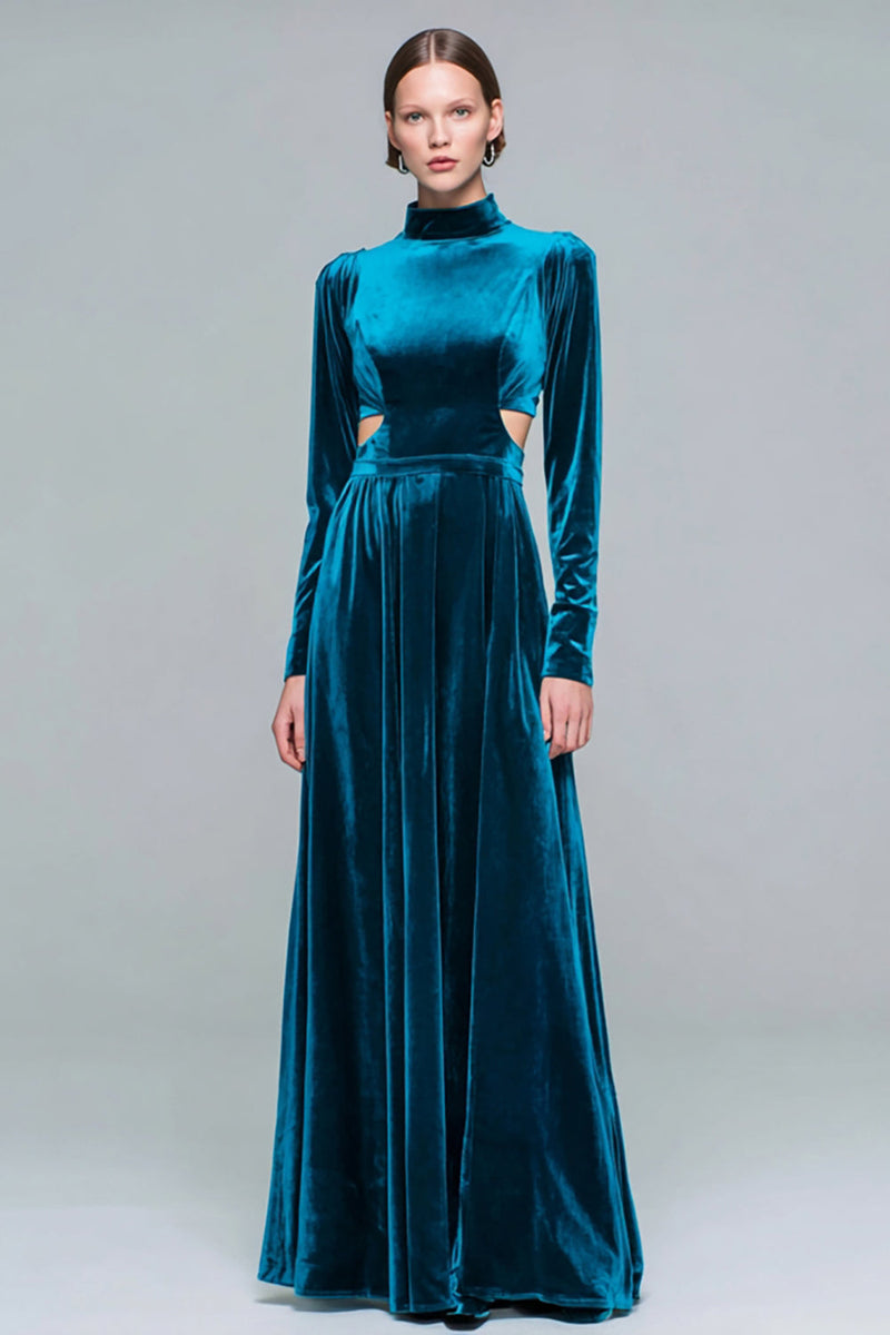 Load image into Gallery viewer, Peacock Blue Cut Out High Neck Velvet Long Sleeves Holiday Party Dress