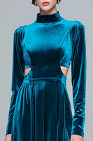 Load image into Gallery viewer, Peacock Blue Cut Out High Neck Velvet Long Sleeves Holiday Party Dress