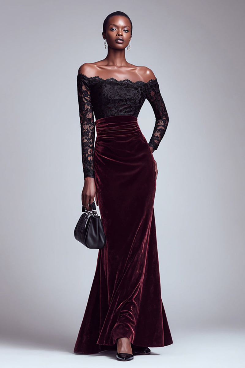 Load image into Gallery viewer, Black and Burgundy Long Sleeves Velvet Holiday Party Dress with Lace