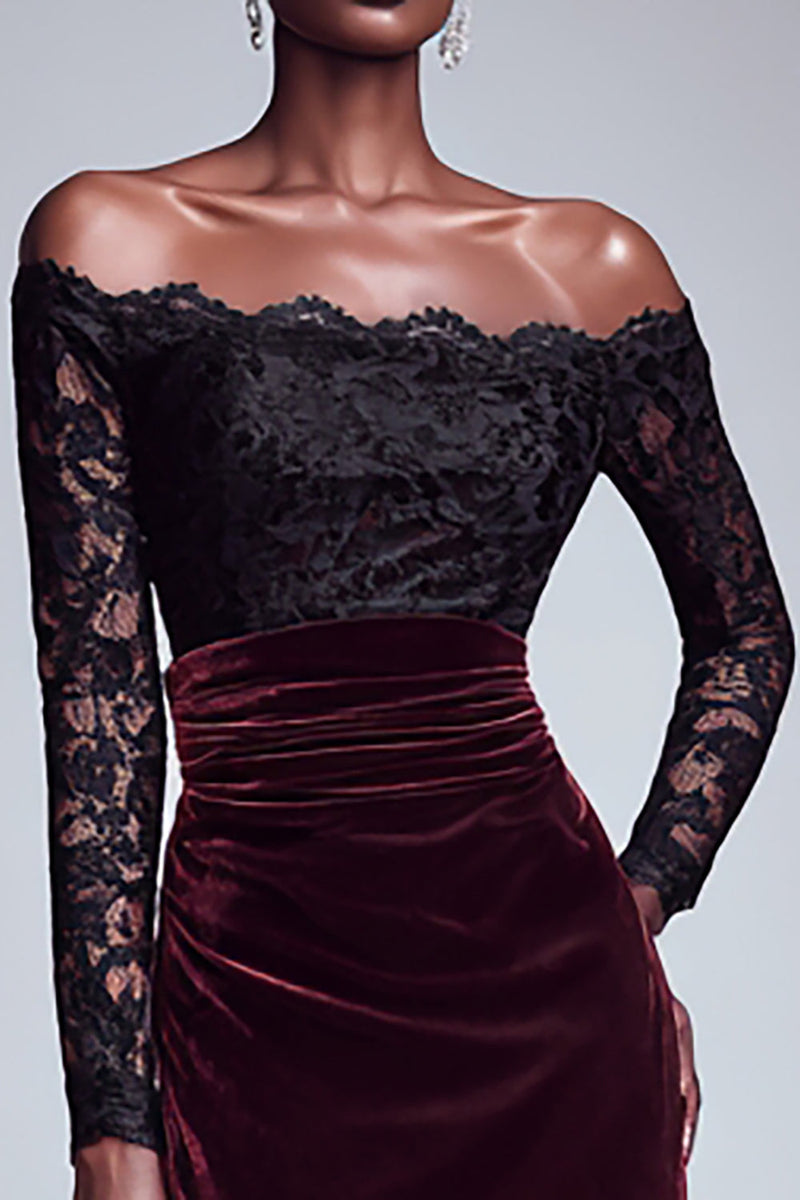 Load image into Gallery viewer, Black and Burgundy Long Sleeves Velvet Holiday Party Dress with Lace