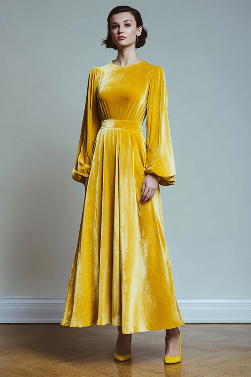 Load image into Gallery viewer, Yellow Velvet A Line Round Neck Long Sleeves Holiday Party Dress